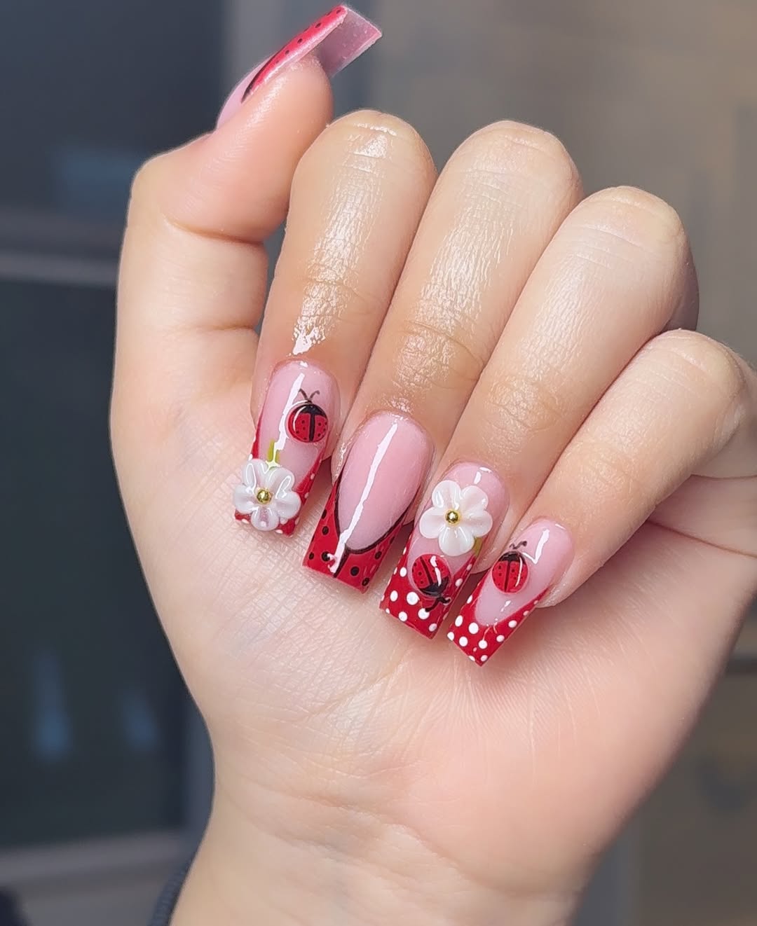 Ladybug French Tip Square Nails With Flowers