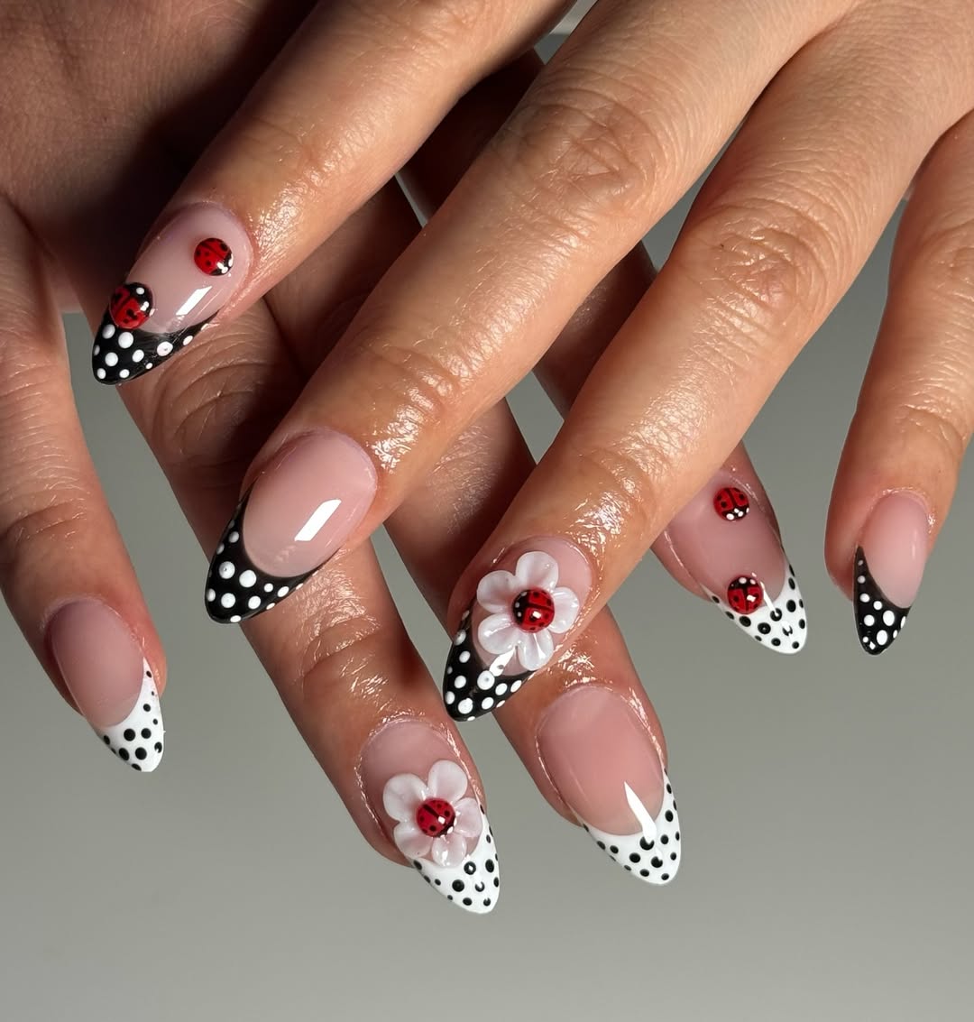 Ladybug Polka Dot French Tip Almond Nails