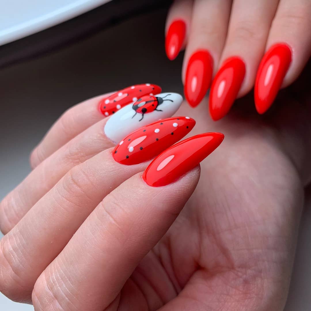 Ladybug Red And White Polka Dot Almond Nails