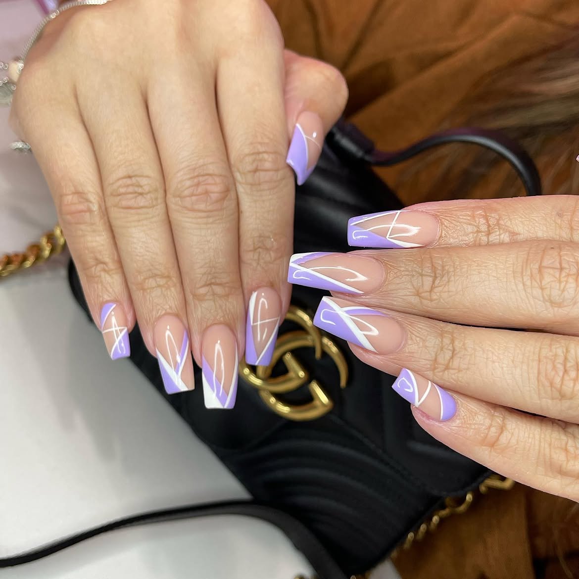 Lavender and White Geometric French Tip Coffin Nails