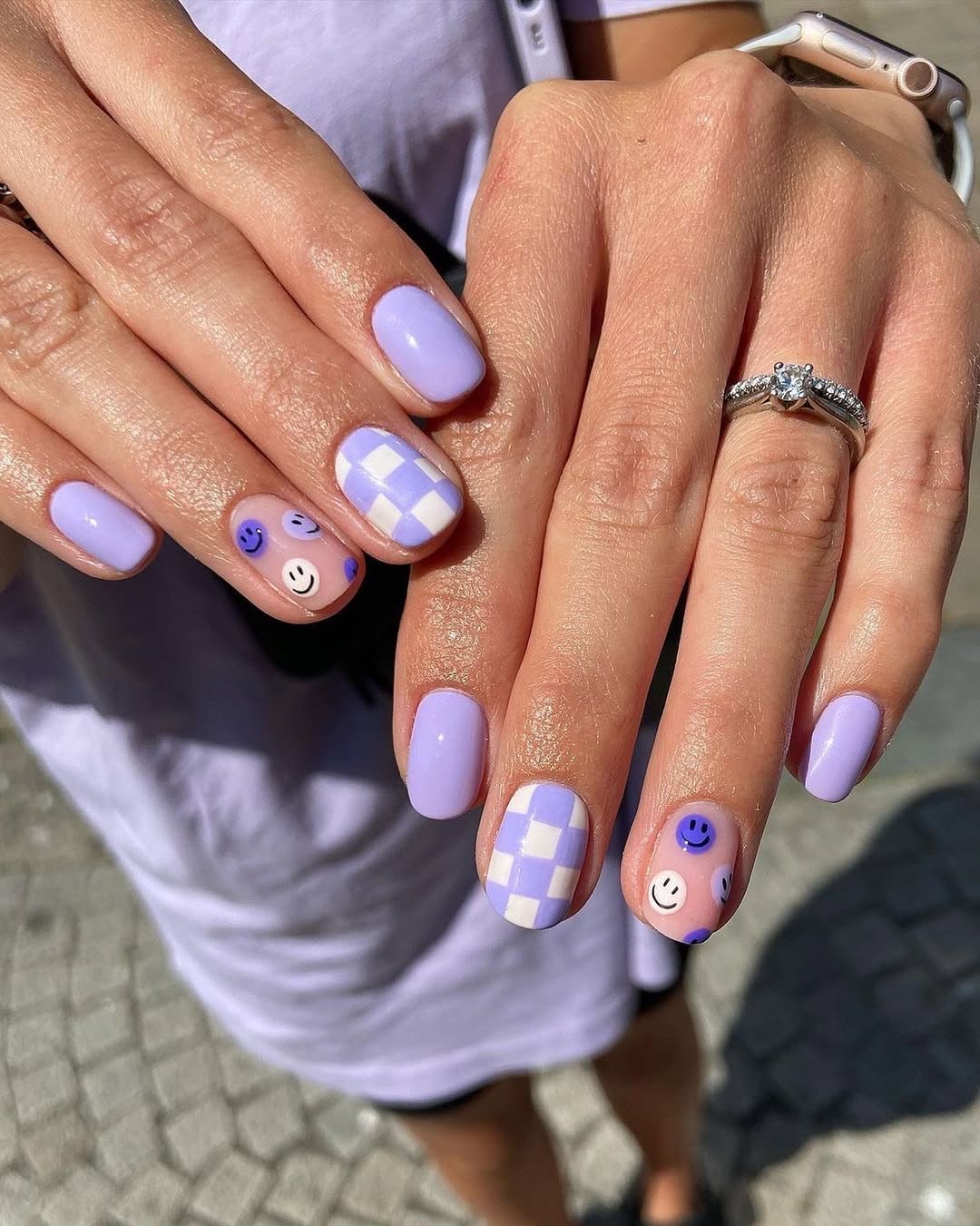 Lavender & Checkerboard Smiley Face Nails