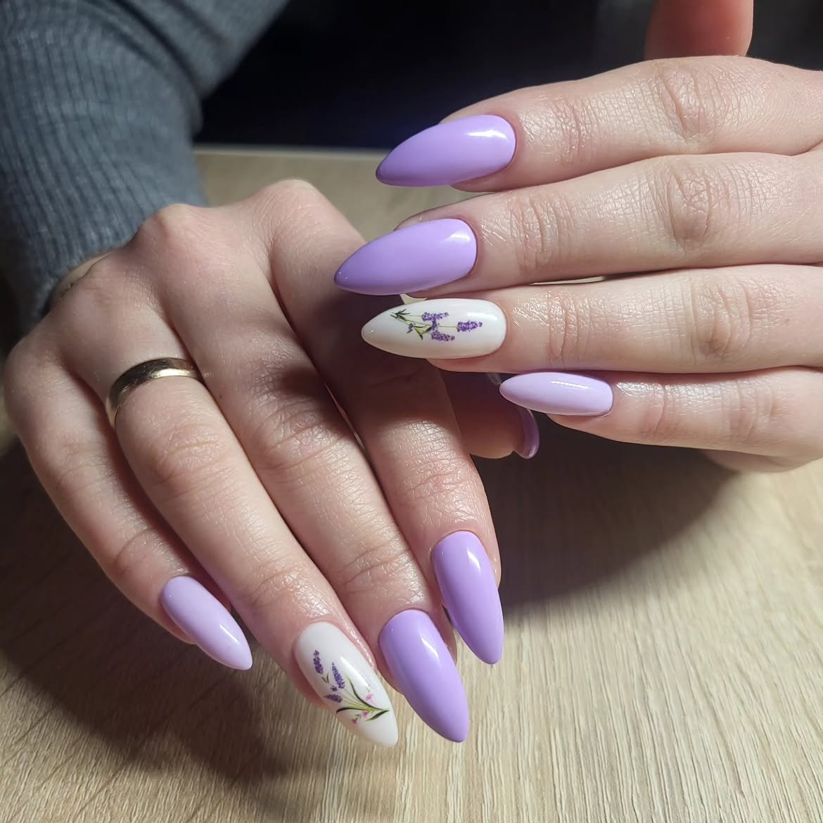 Lavender Floral French Almond Nails