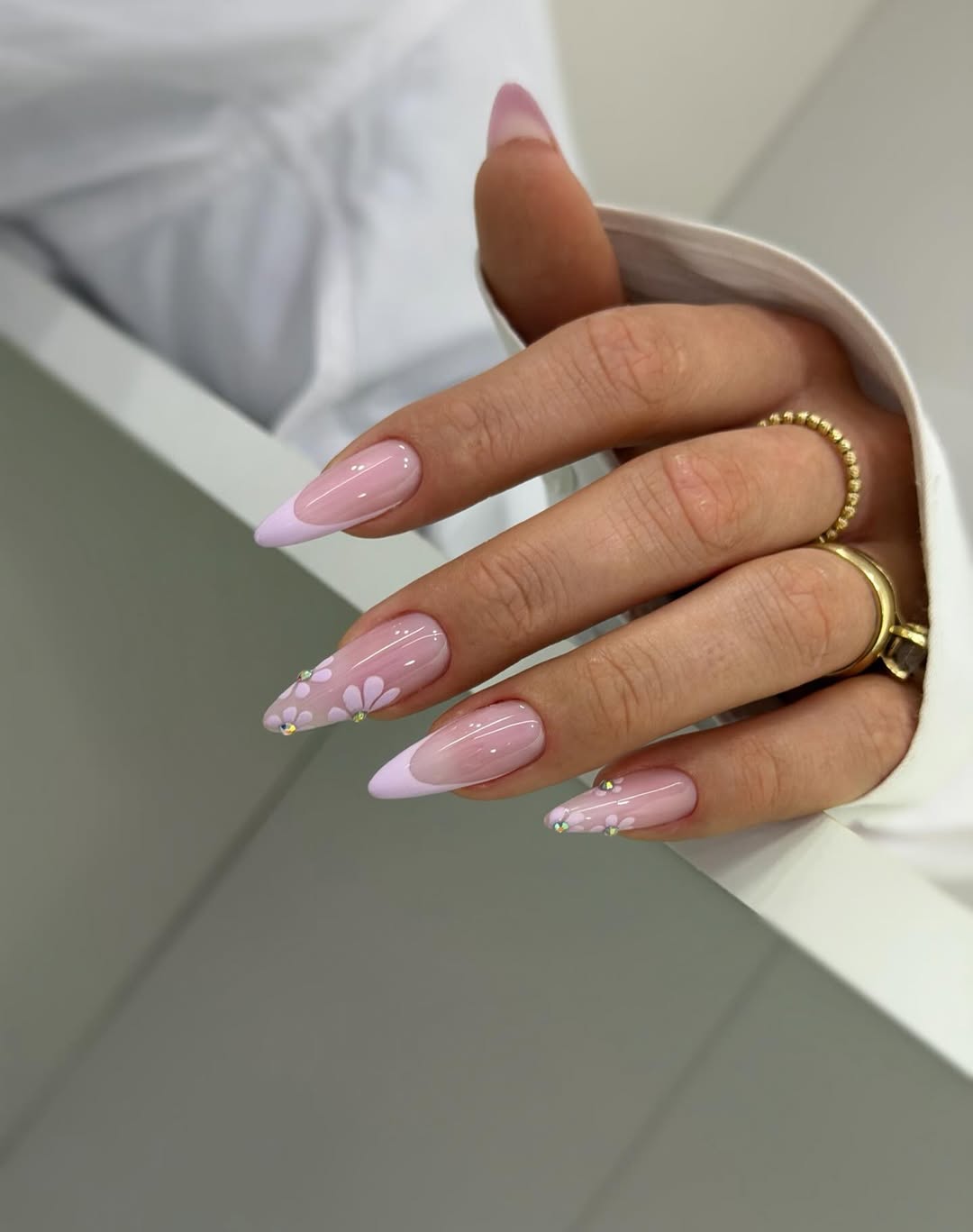 Lavender French Tip Almond Nails with Flower Accents