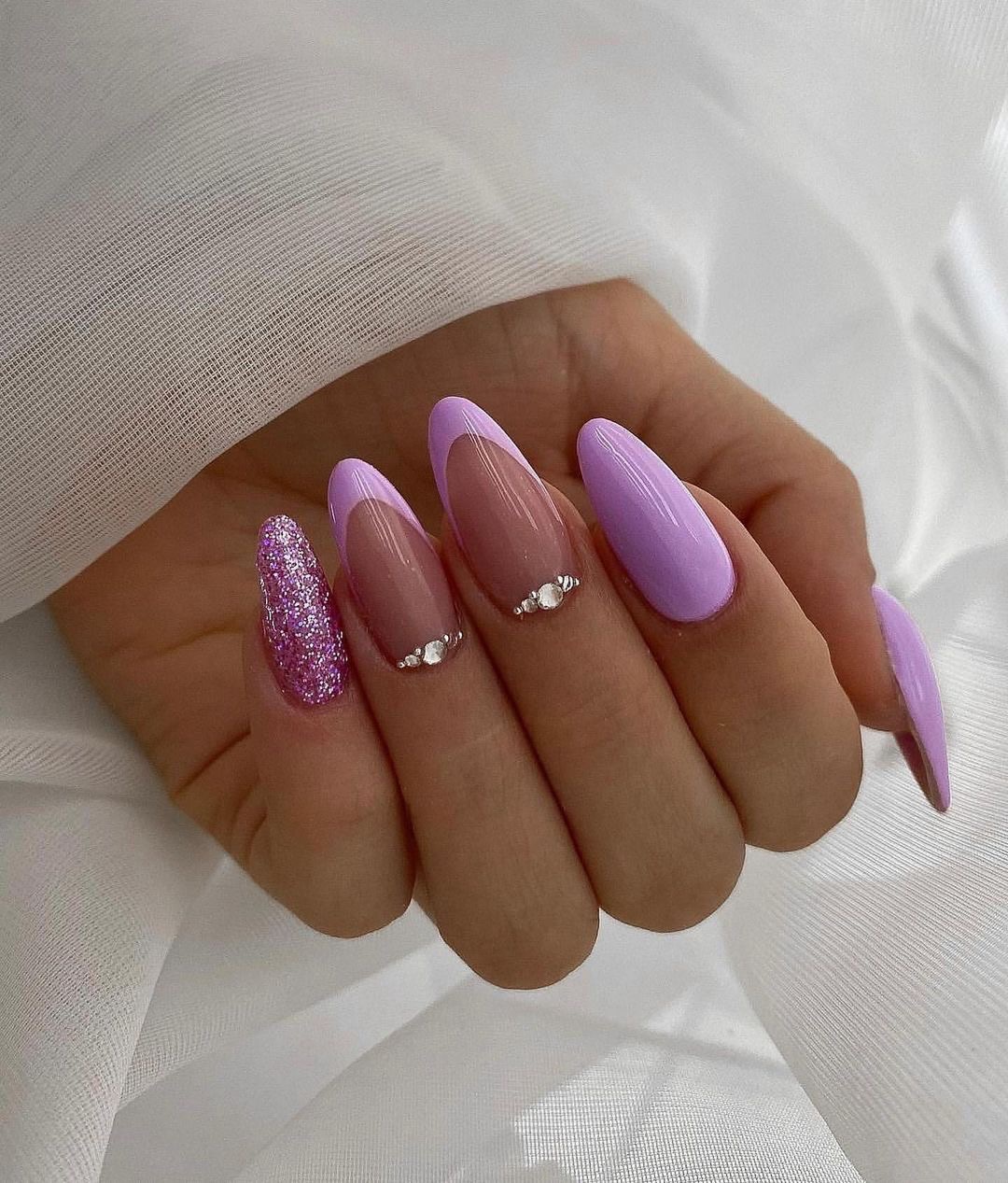Lavender French Tips with Glitter Accent Nail