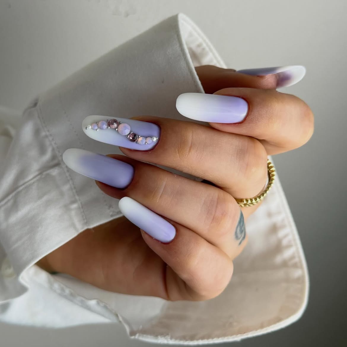 Lavender Ombre Oval Nails with Crystal Accents