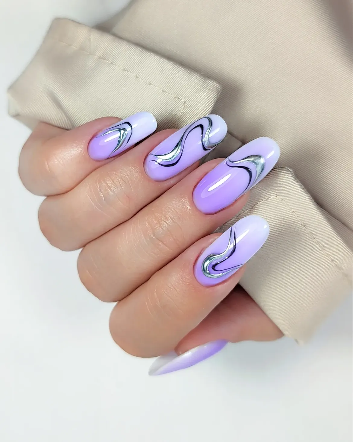 Lavender Ombre Swirl Chrome Almond Nails