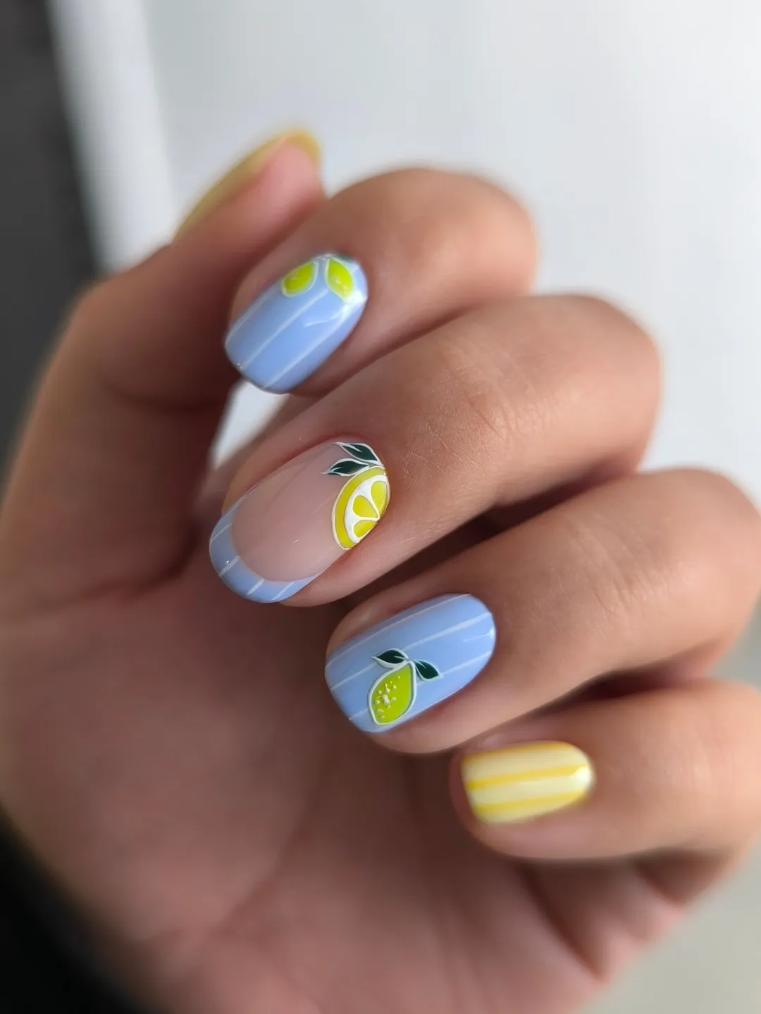 Lemon Grove French Tip Nails With Blue Stripes