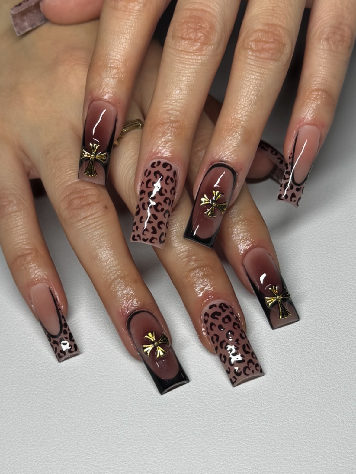 Leopard Print French Ombre Cross Charm Nails