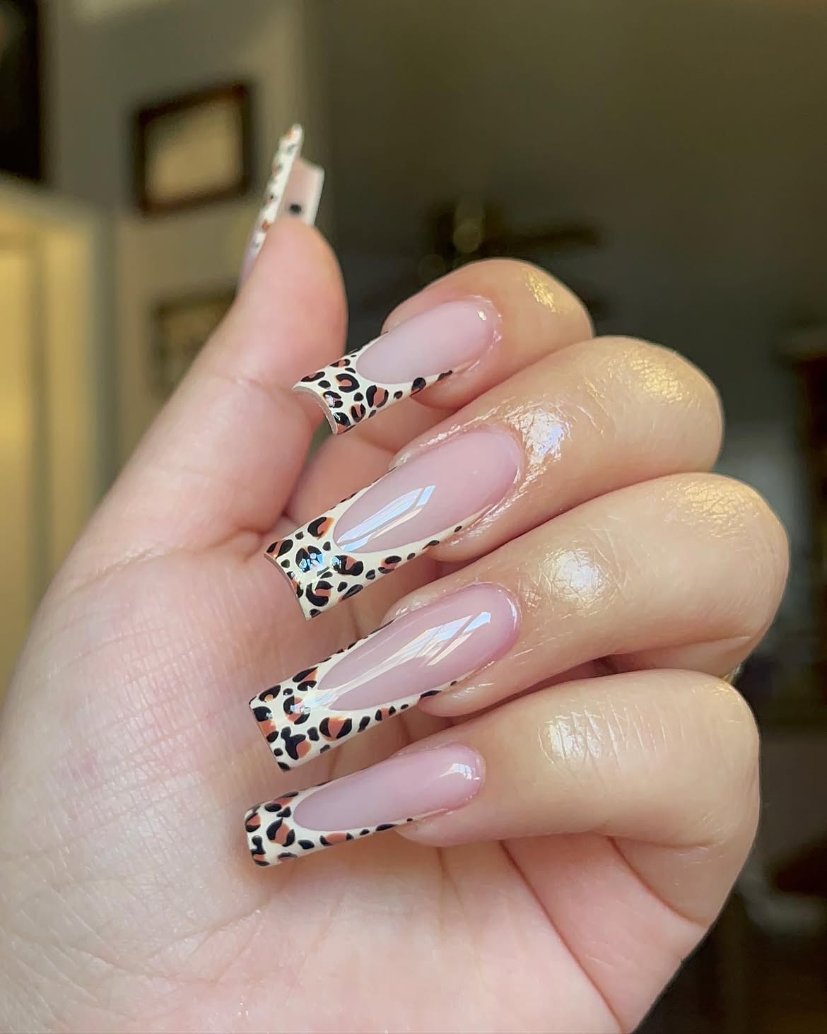 Leopard Print French Tip Coffin Nails