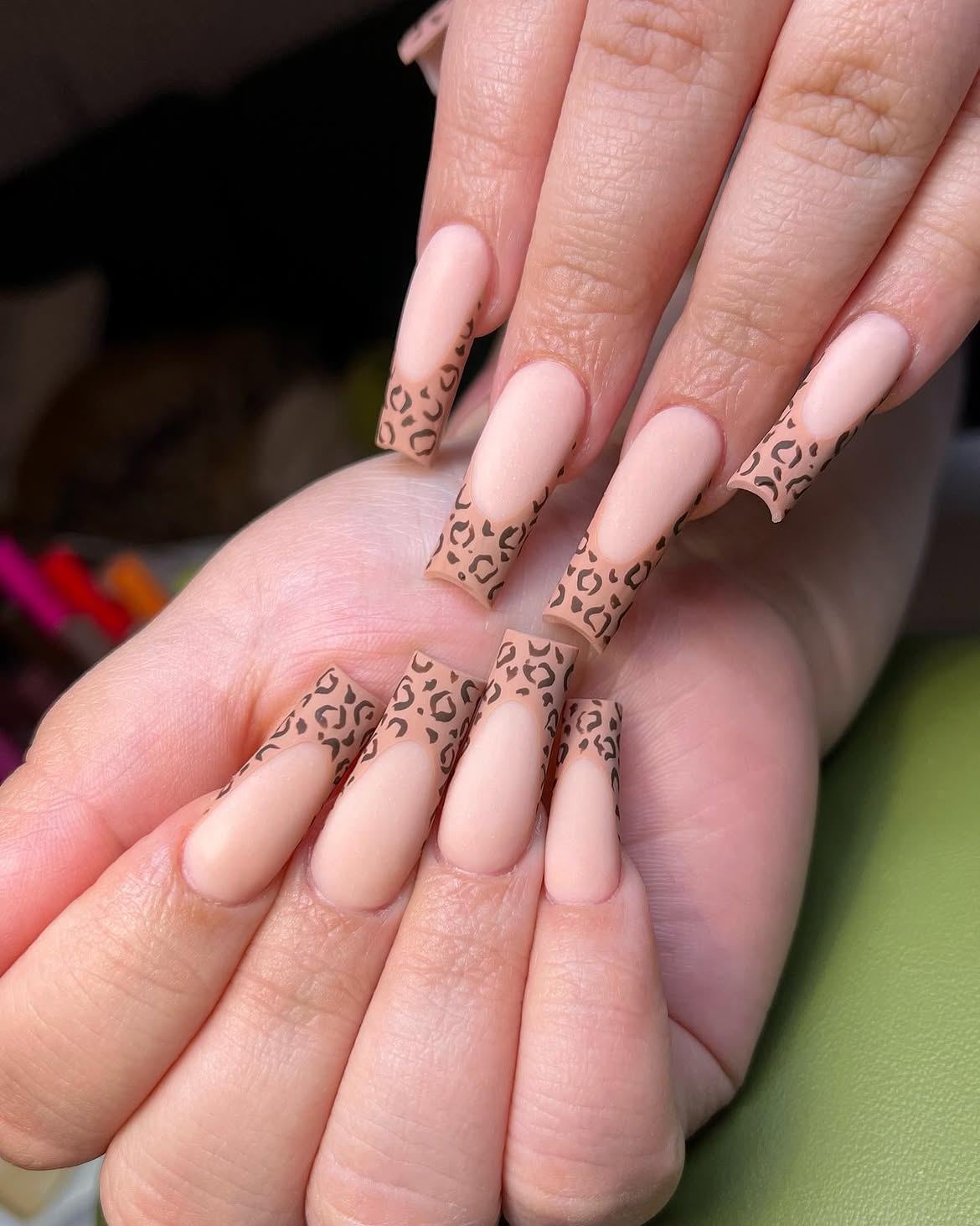 Leopard Print French Tip Matte Coffin Nails