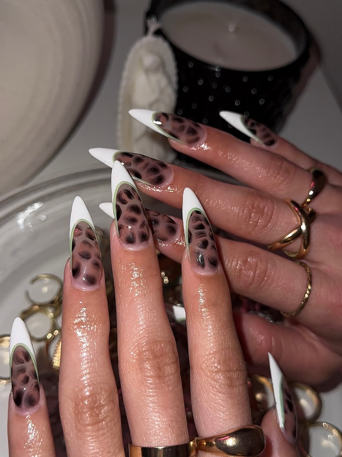 Leopard Print French Tip Stilettos with Green Outline