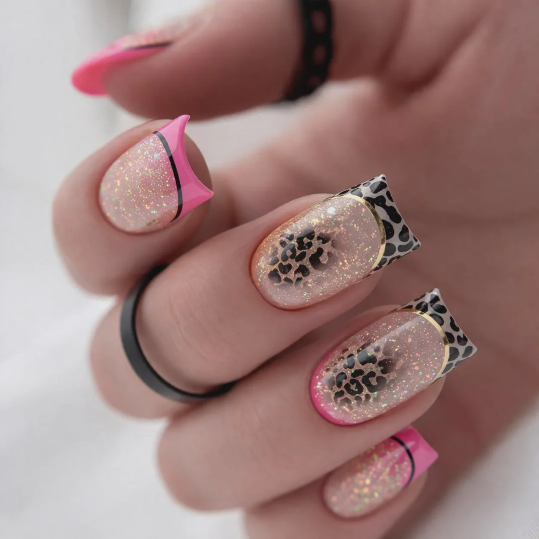 Leopard Print Glitter French Tip Nails