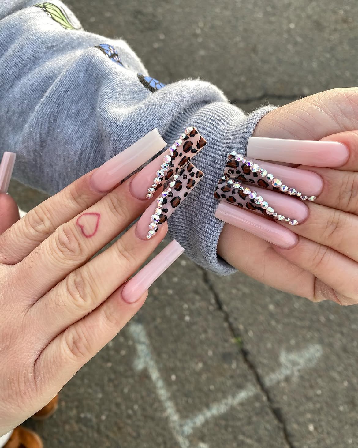 Leopard Print Rhinestone French Tip Coffin Nails