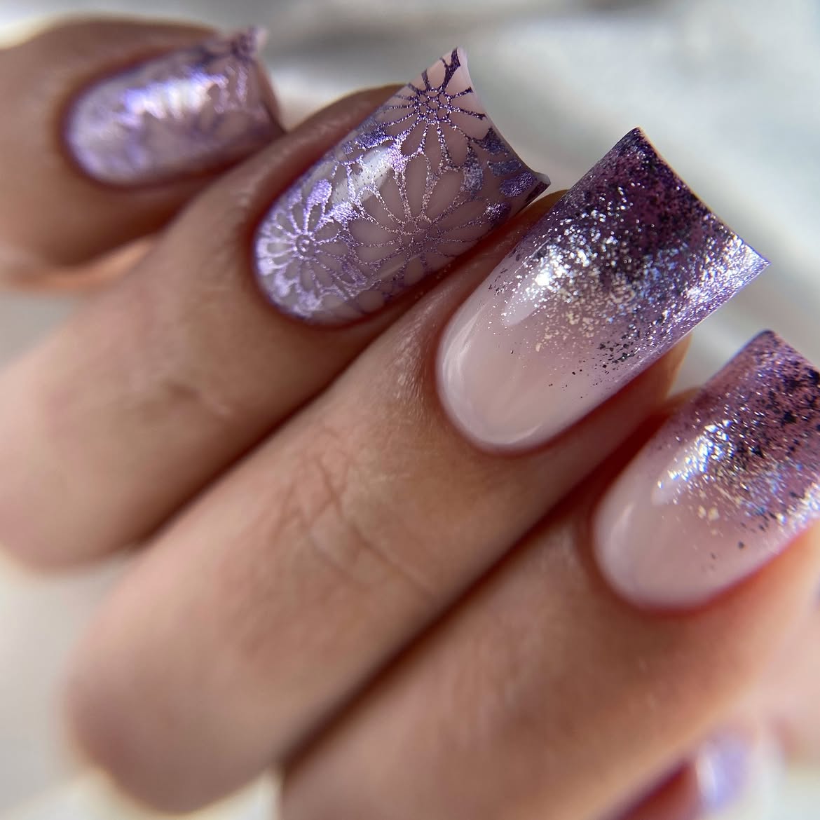 Lilac Lace and Glitter Ombré Square Nails