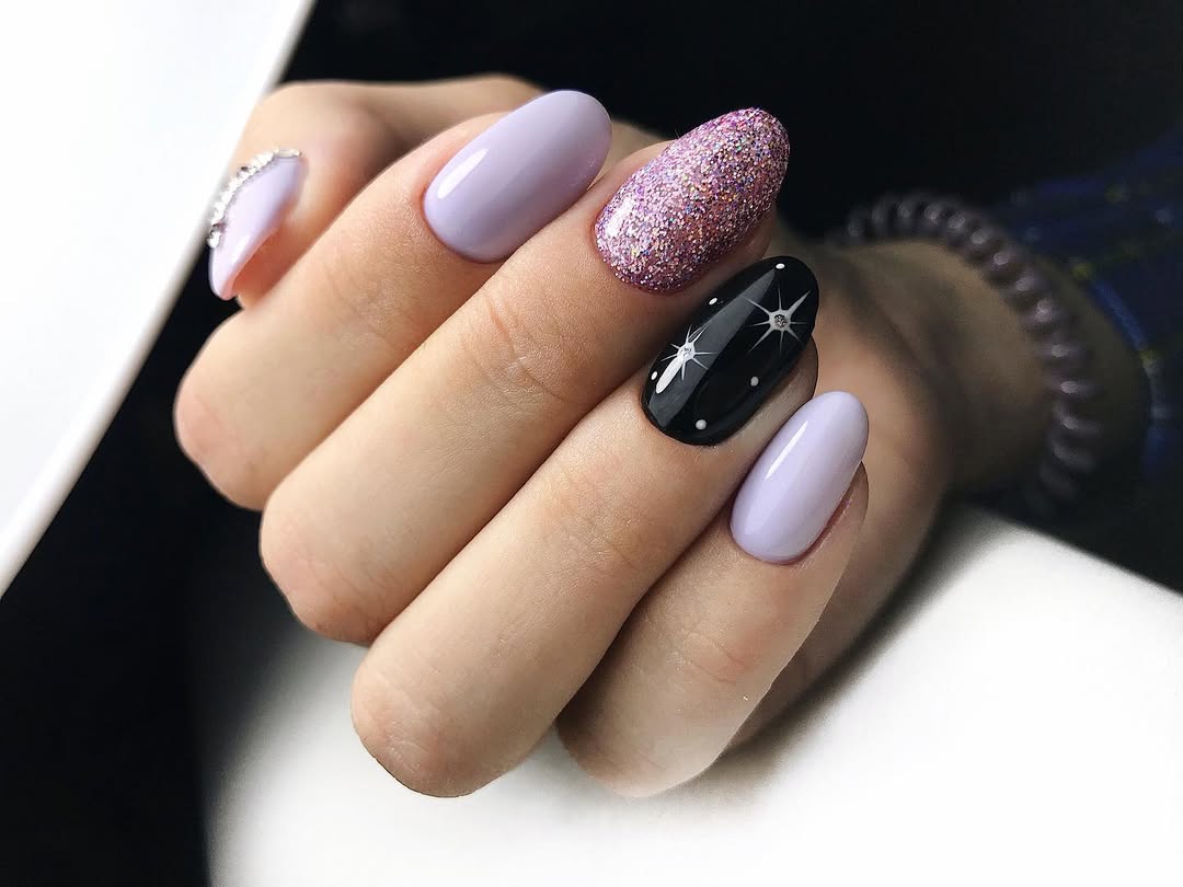 Lilac Starry Night Oval Nails With Glitter