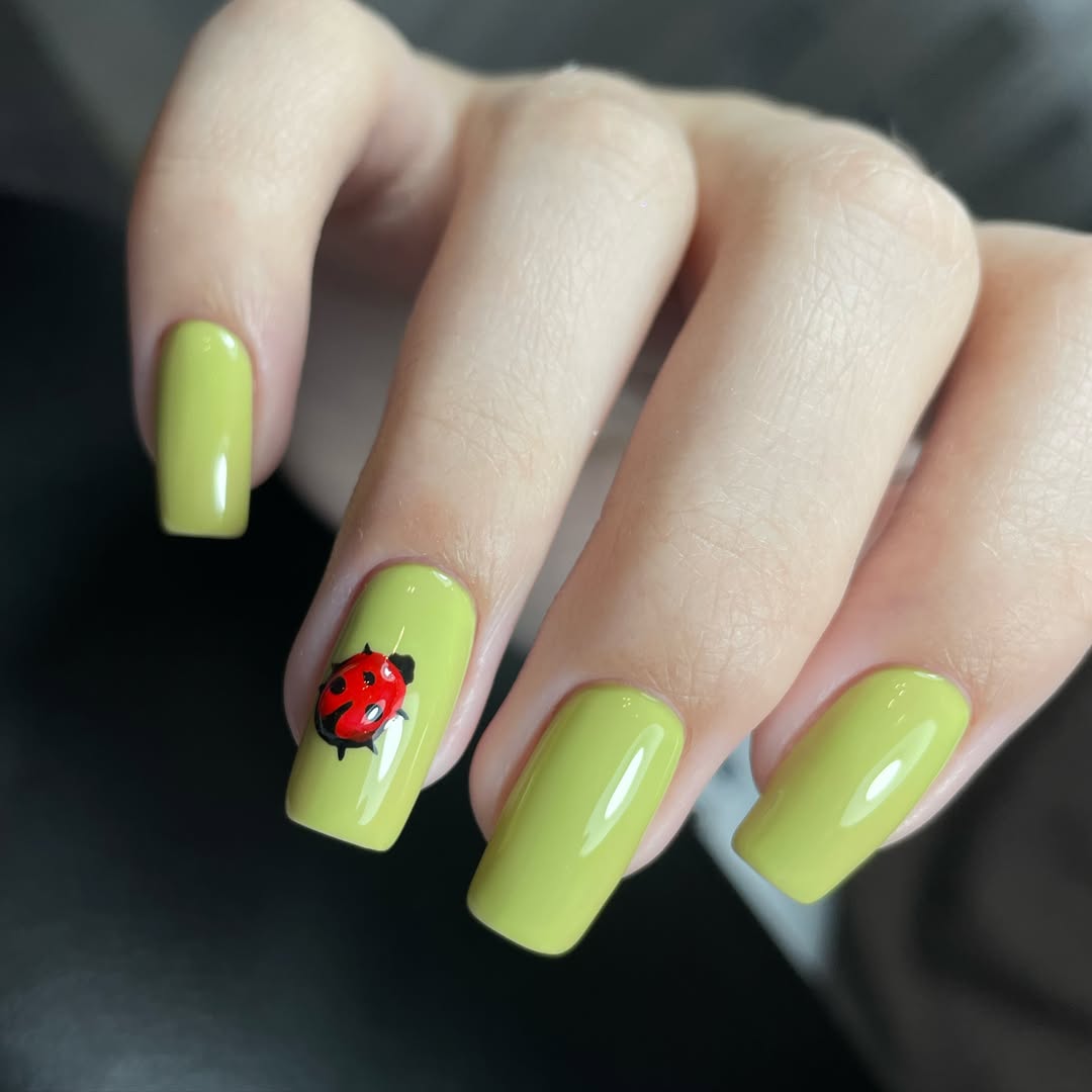 Lime Green Square Nails with Ladybug Art