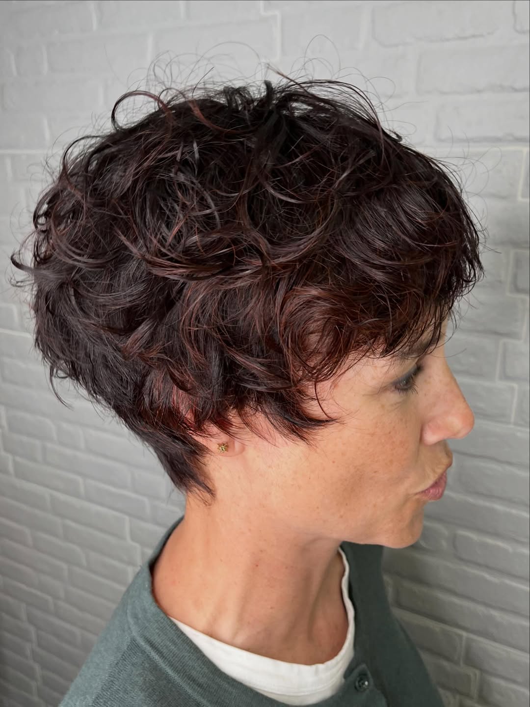 Mahogany Auburn Curly Pixie with Wispy Bangs