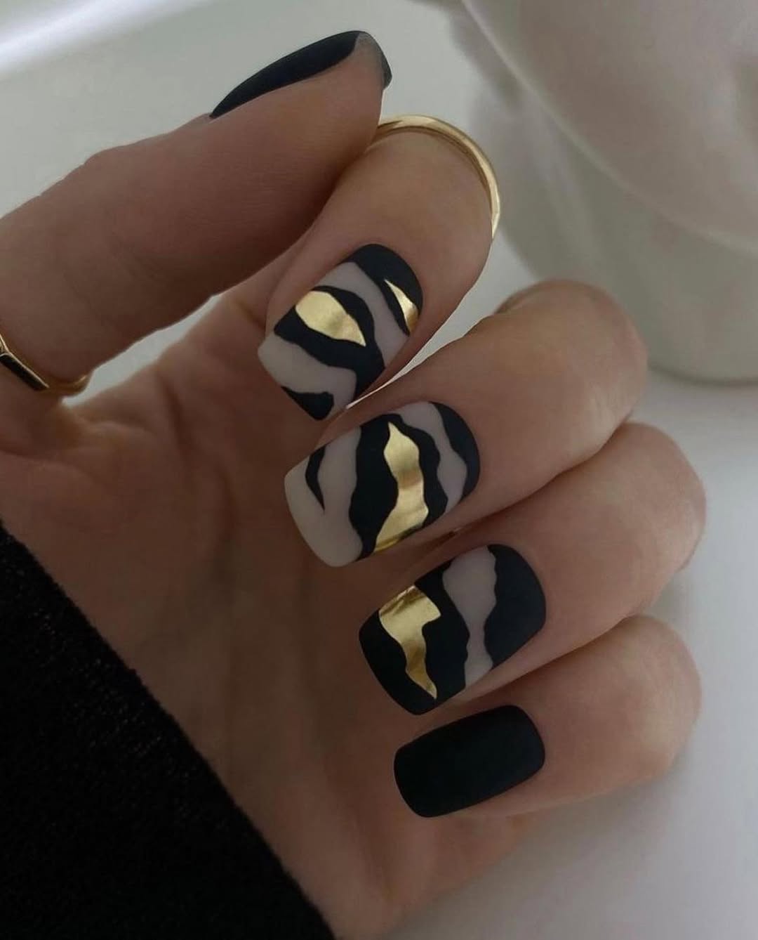 Matte Black and Gold Abstract Tiger Print Nails