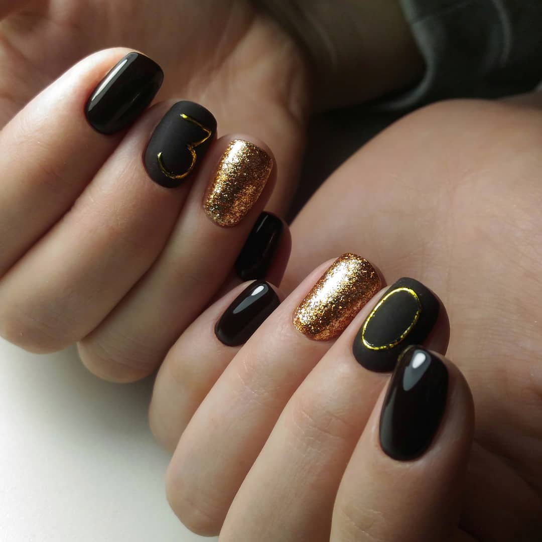 Matte Black and Gold Glitter Accent Nails
