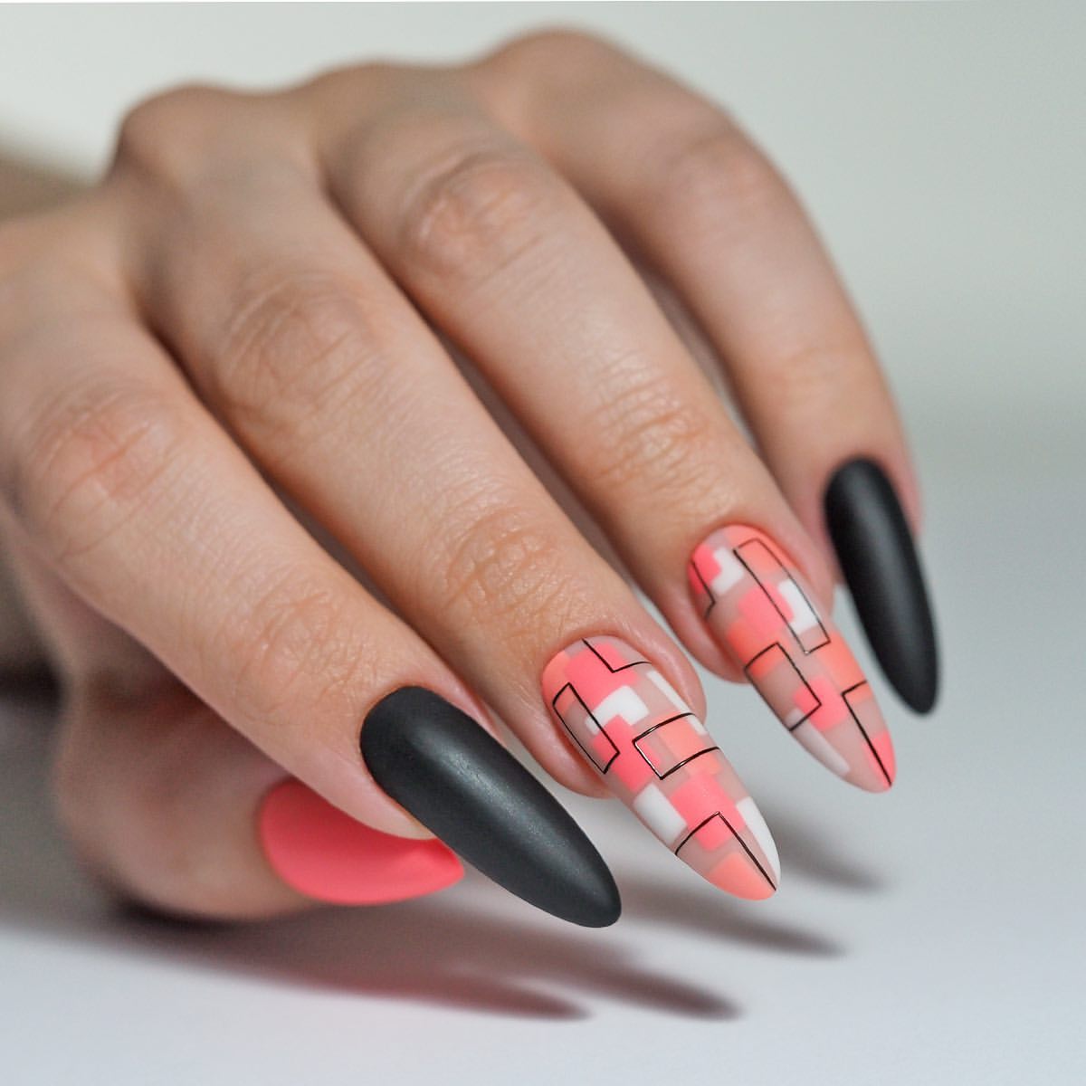 Matte Black & Coral Geometric Block Nails