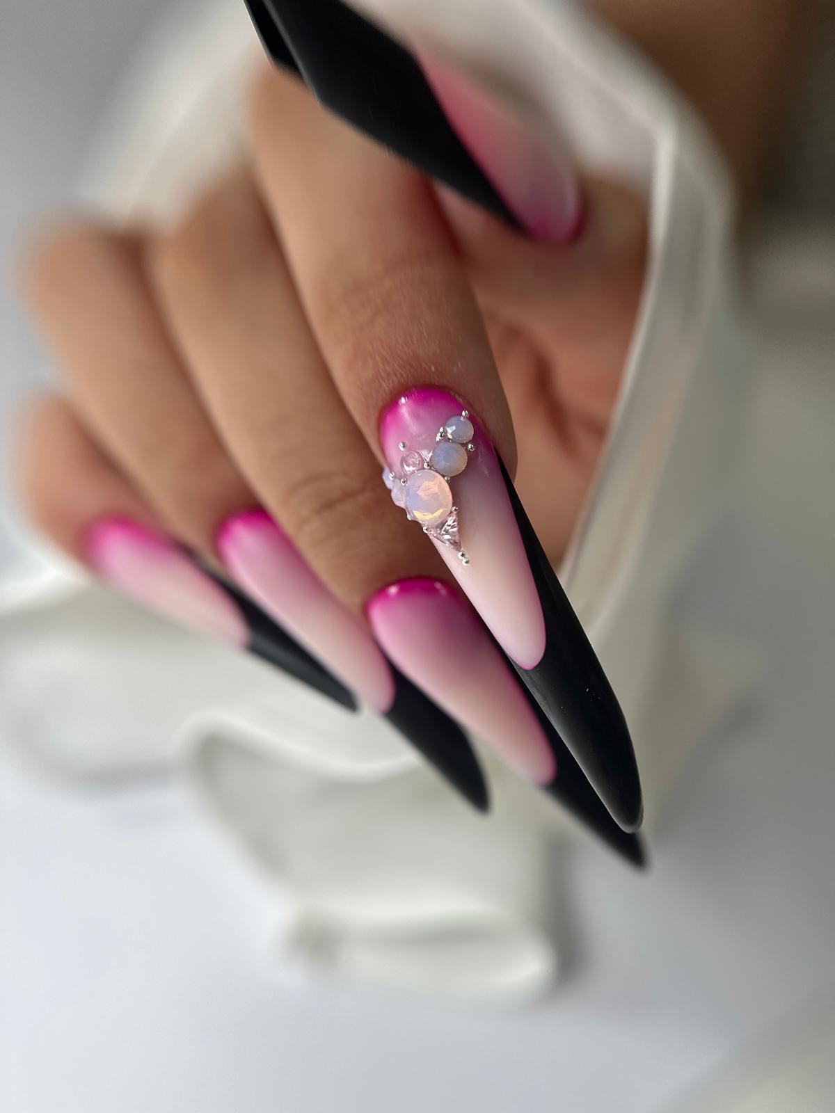 Matte Black Pink Ombre Stilleto Nails With Gems