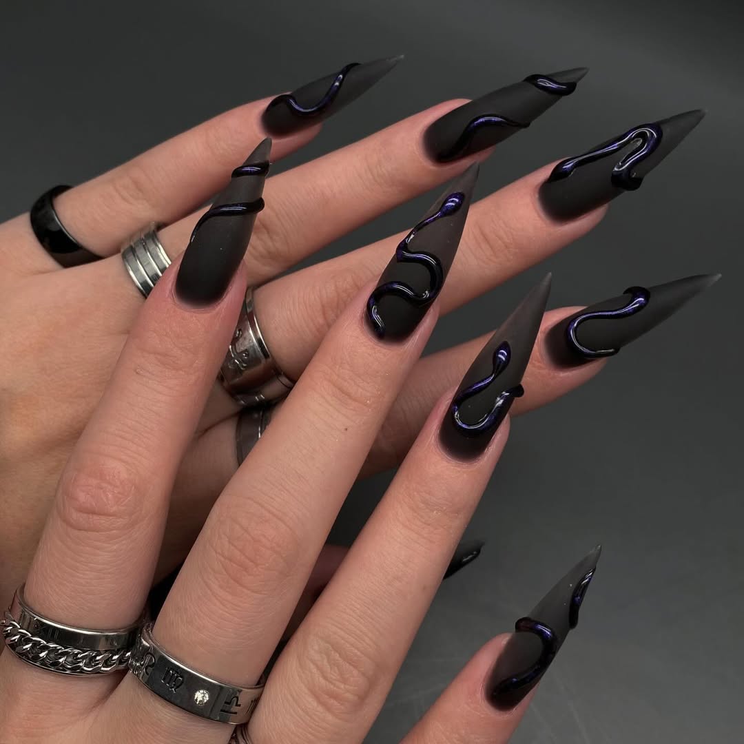 Matte Black Stiletto Nails with 3D Gummy Worm Art