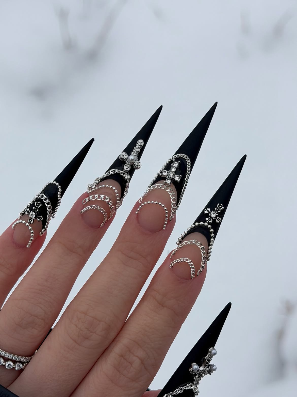 Matte Black Stiletto Nails with Silver Chains