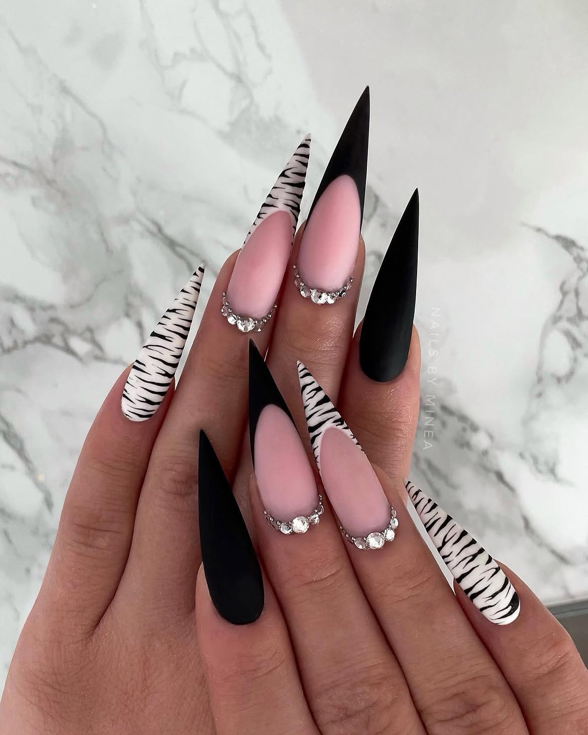 Matte Black Tiger Stripe French Gem Nails