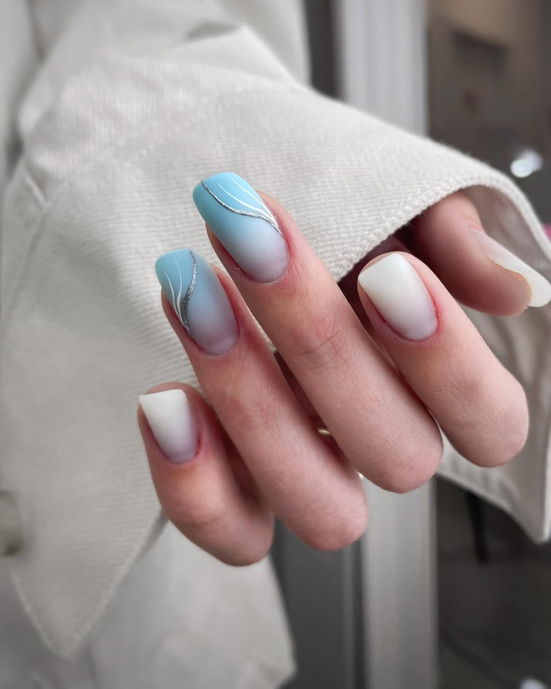 Matte Blue White Ombre Silver Swirls Nails