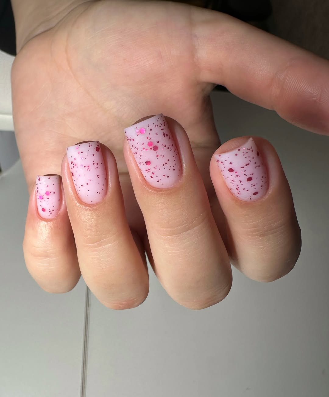 Matte Frosted Pink Speckle Oval Nails