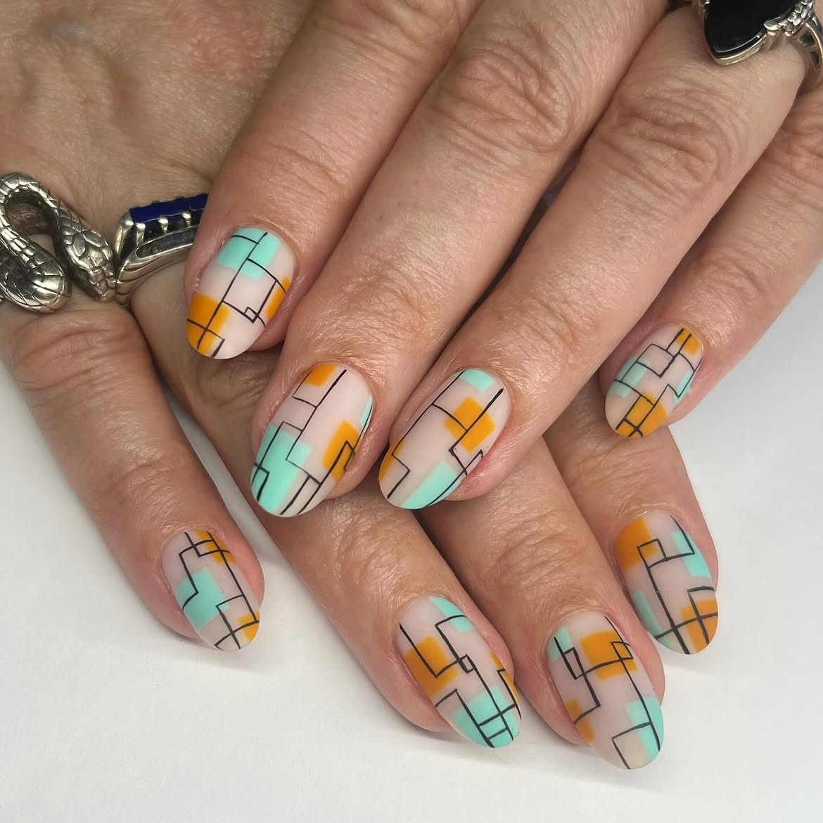 Matte Geometric Abstract Color Block Nails