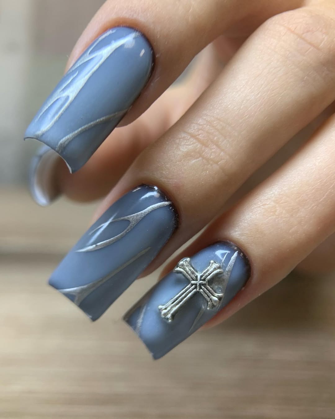 Matte Grey Swirls with Silver Cross Charm
