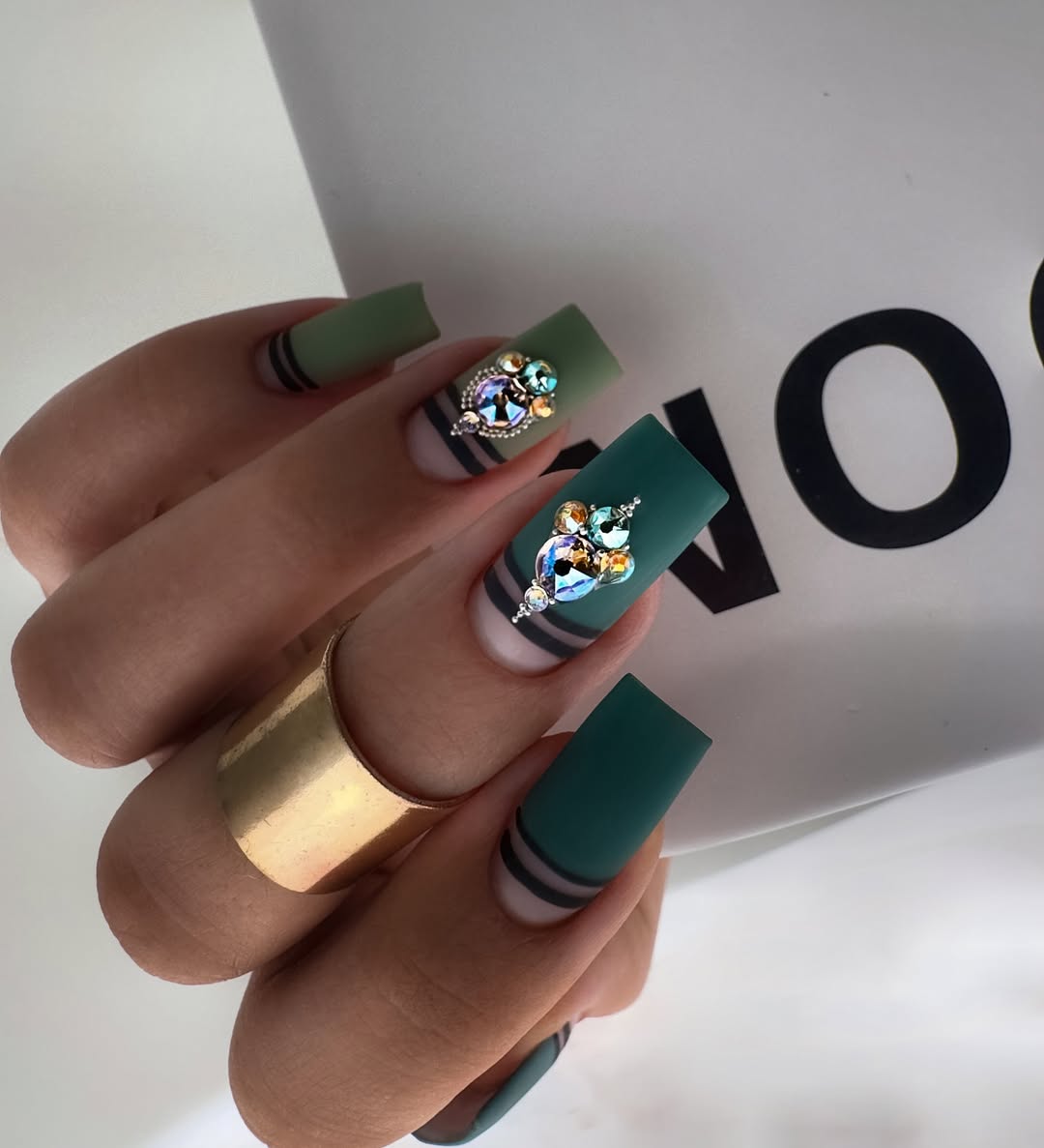 Matte Hunter Green Square Nails with Rhinestone Accents