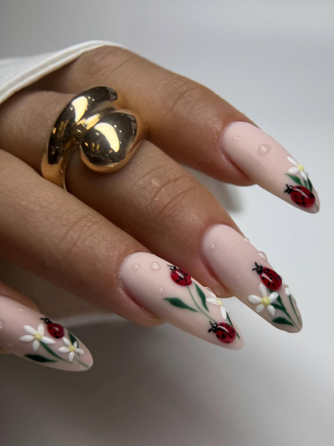 Matte Ladybug Daisy Almond Nails