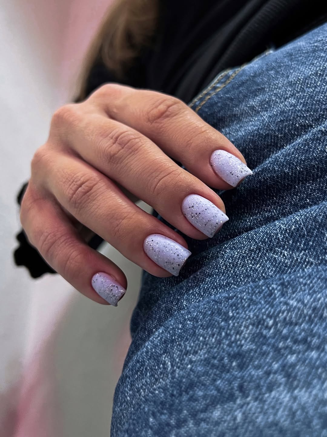 Matte Lavender Glitter Short Squoval Nails
