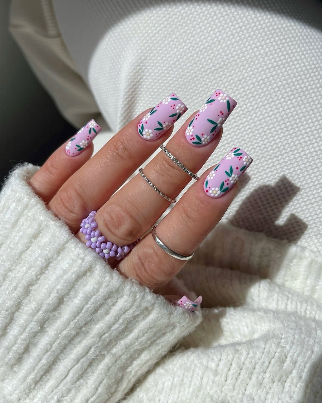 Matte Lilac White Floral Nail Art
