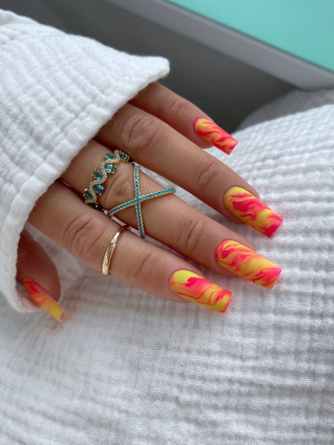 Matte Neon Yellow and Pink Swirl Coffin Nails