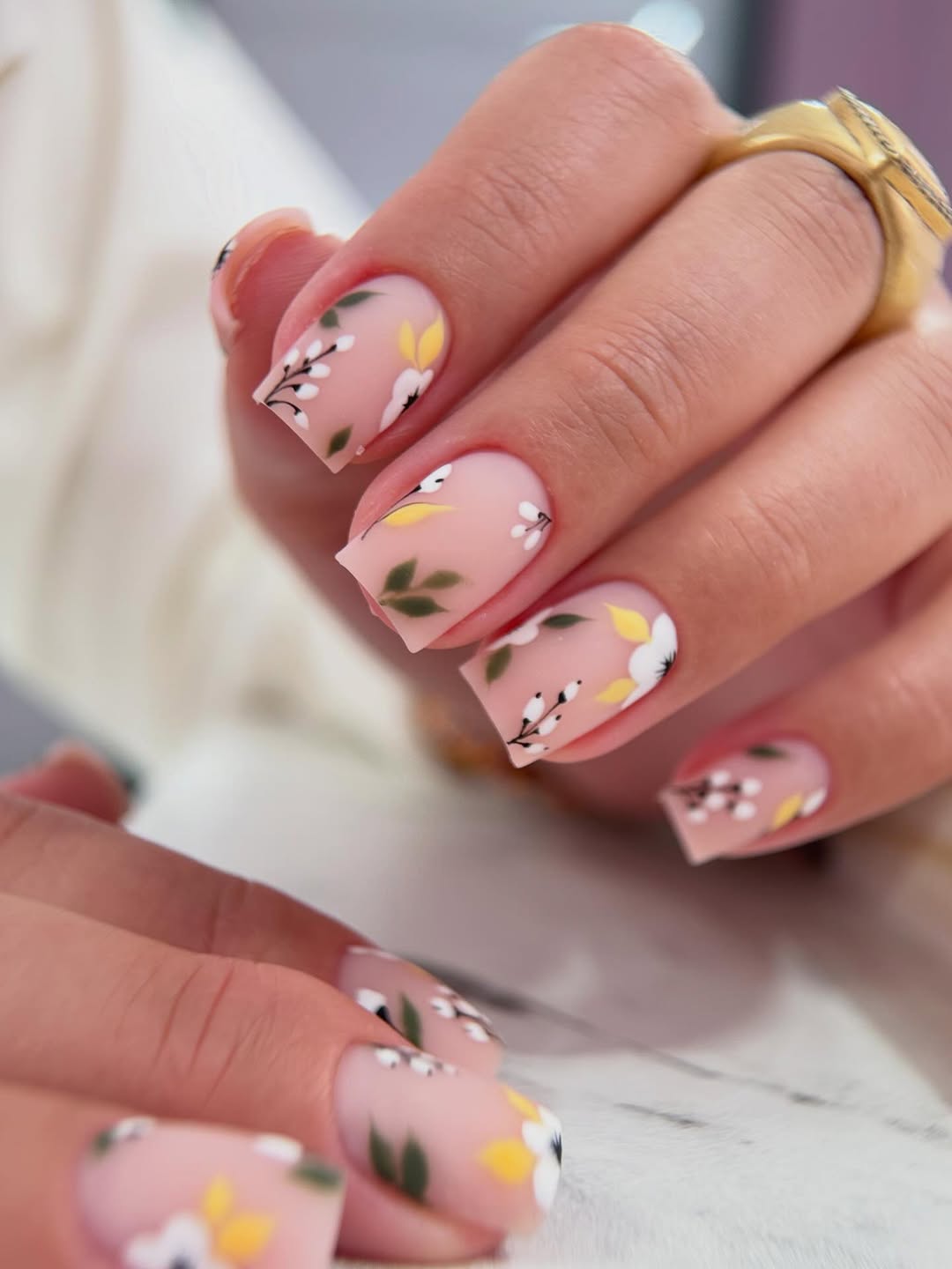 Matte Nude Floral Blossom Short Square Nails