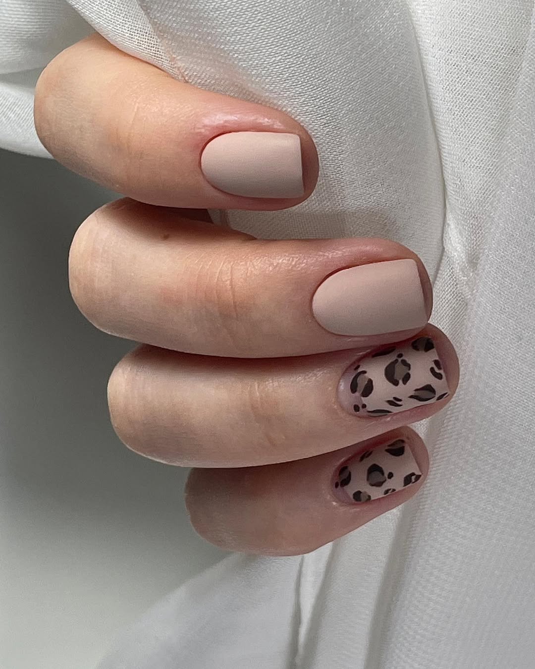 Matte Nude Leopard Print Short Square Nails