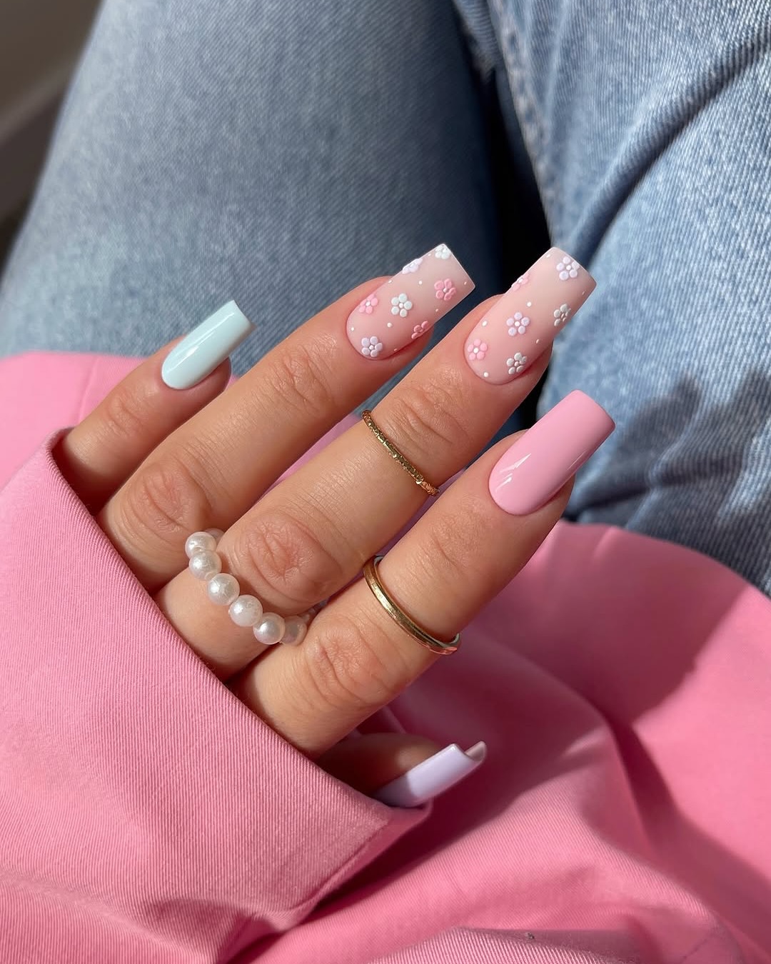 Matte Pastel Floral Block Long Square Nails