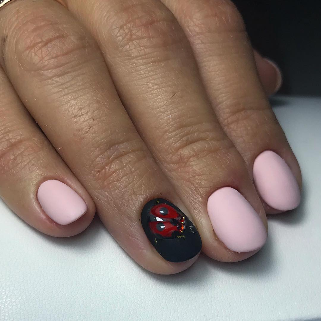 Matte Pastel Pink Ladybug Accent Nails