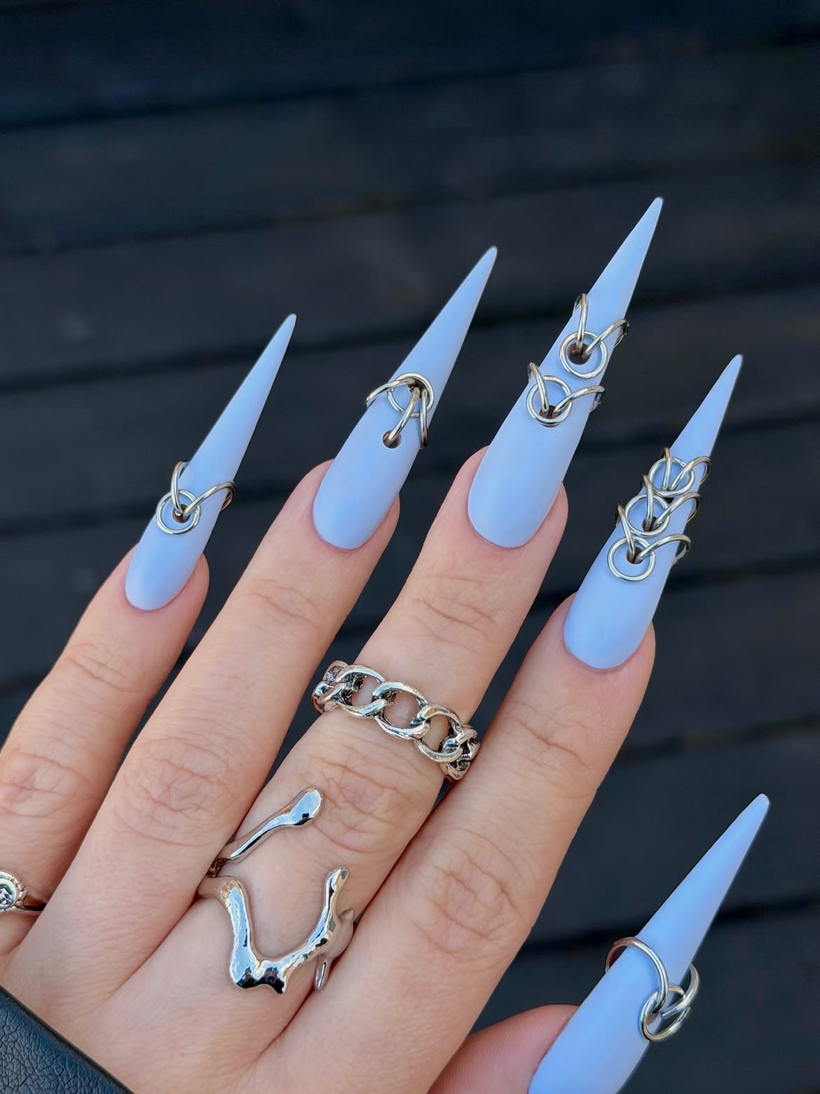 Matte Pastel Stiletto Nails with Silver Chain Accents