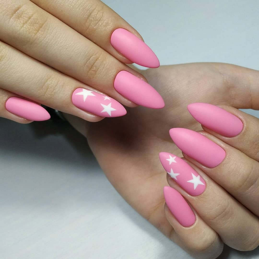 Matte Pink Almond Nails With White Stars