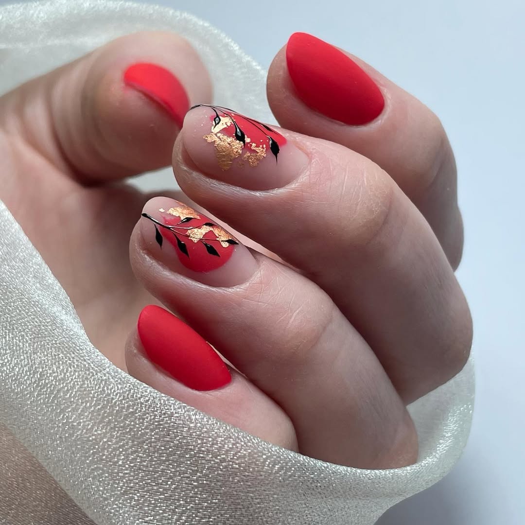 Matte Red Almond French Tips with Gold Leaf Accents