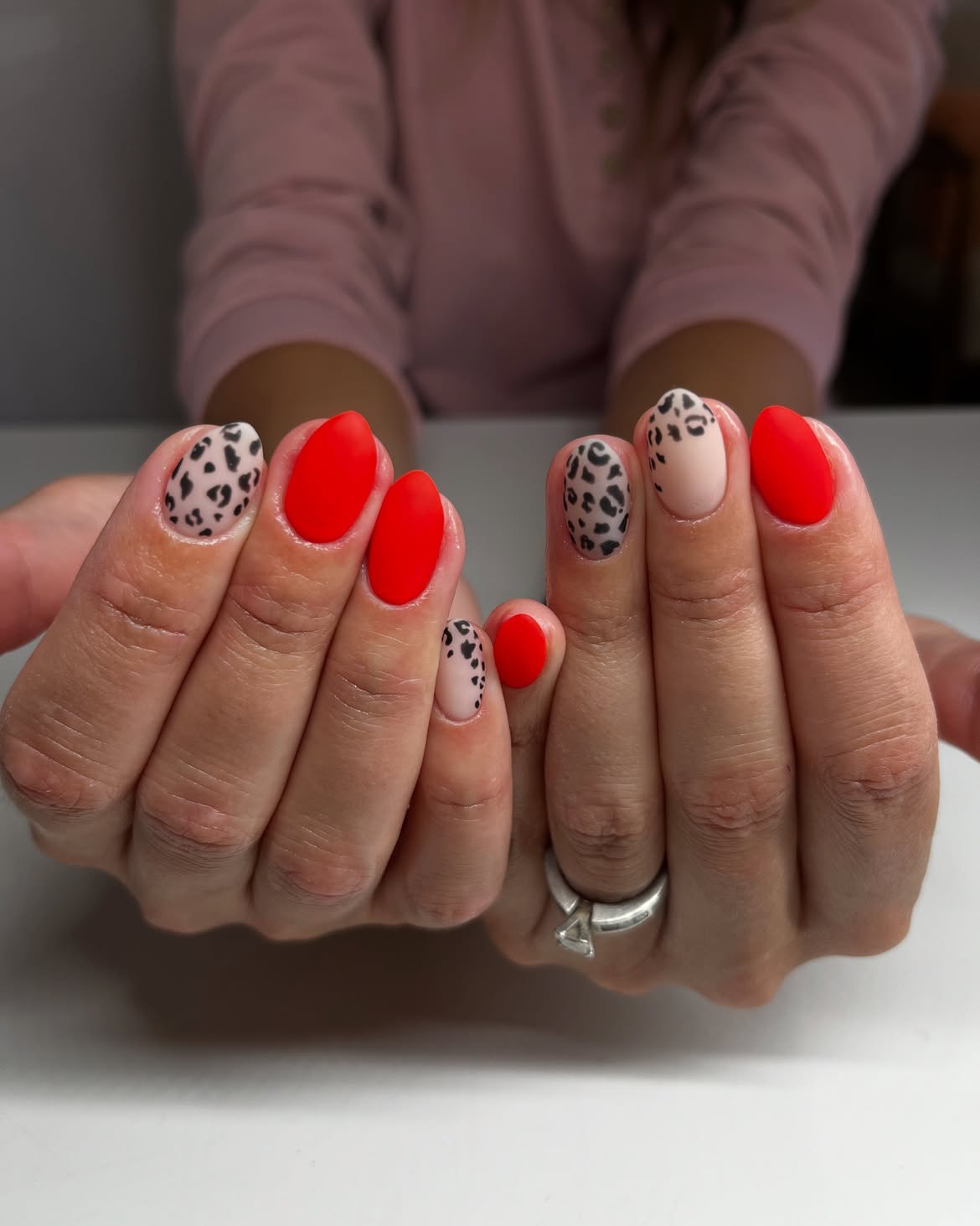 Matte Red and Leopard Print Oval Nails