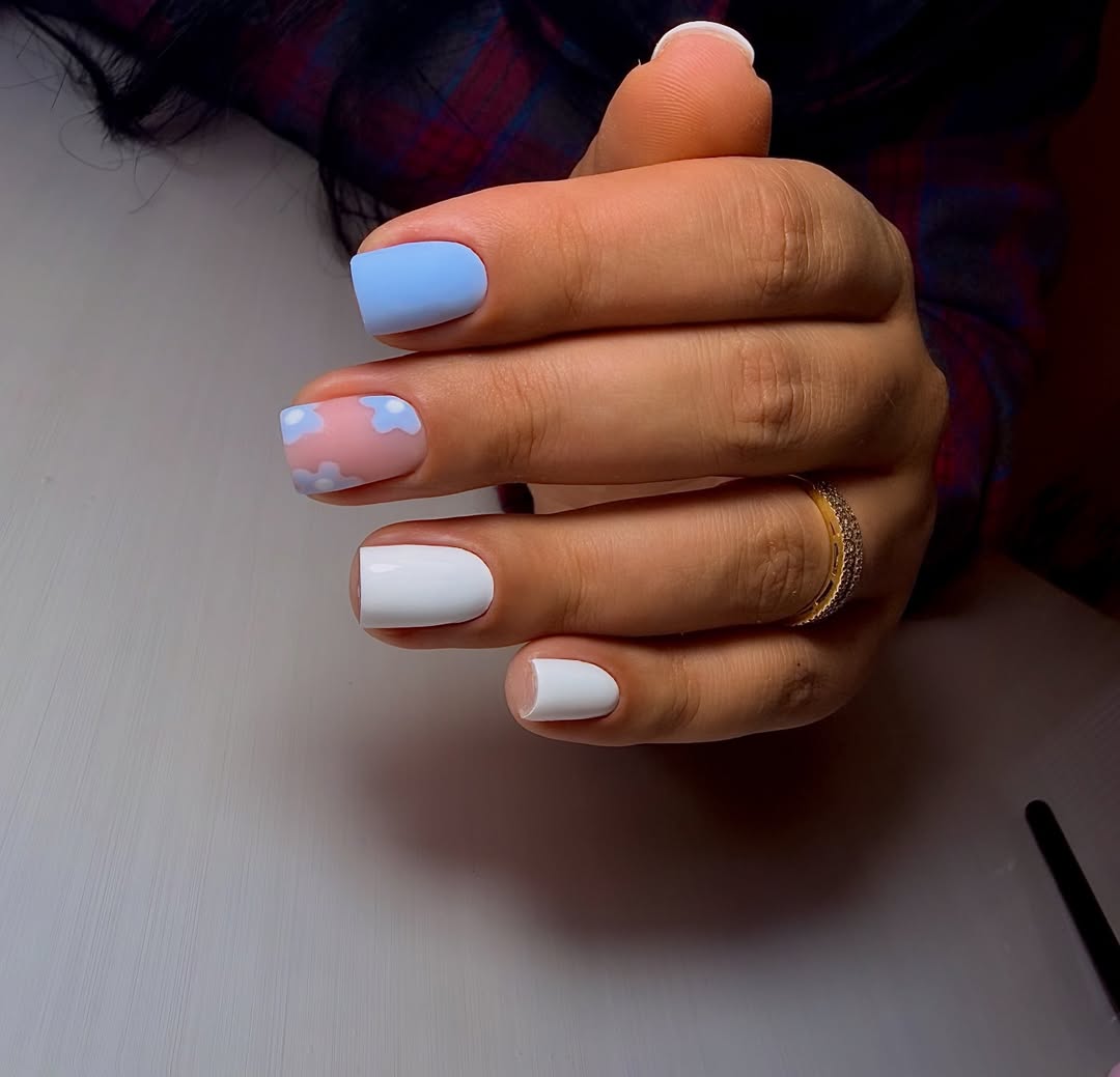 Matte Sky Blue White Floral Accent Nails