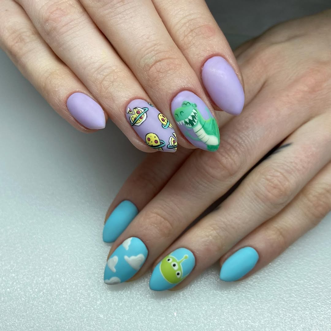 Matte Toy Story Character Almond Nails