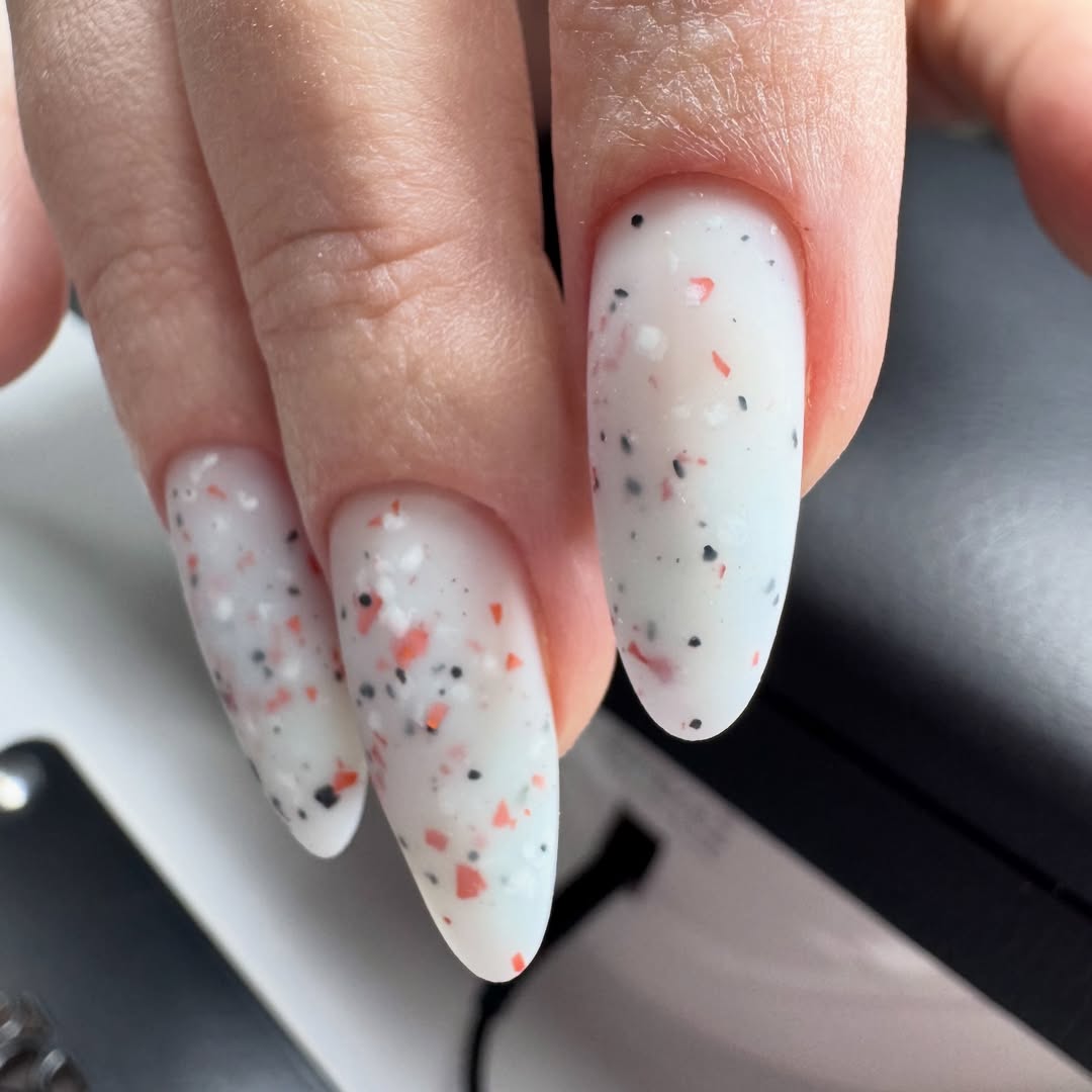 Matte White Confetti Almond Nails