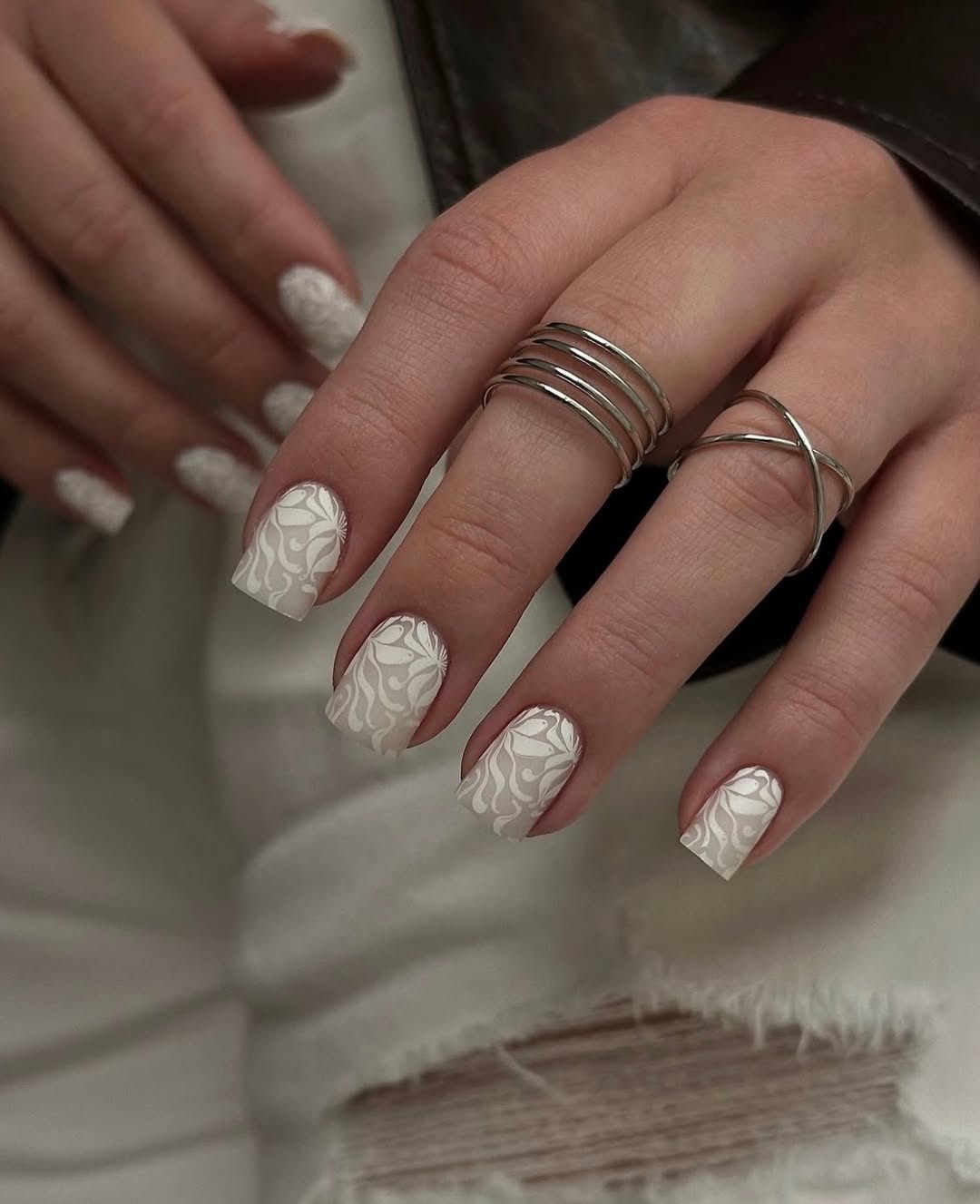 Matte White Floral Swirl Square Nails