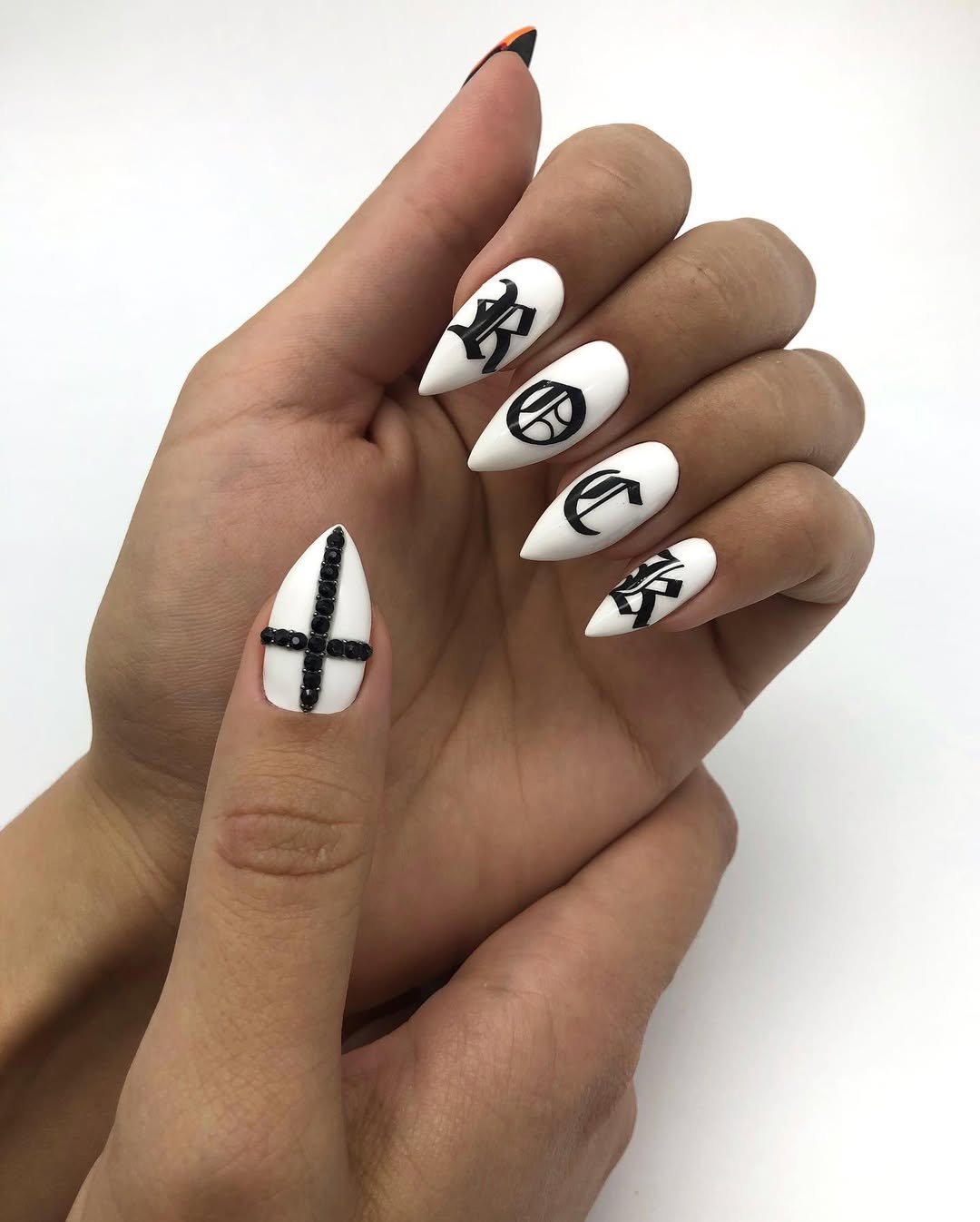 Matte White Gothic Letter Almond Nails